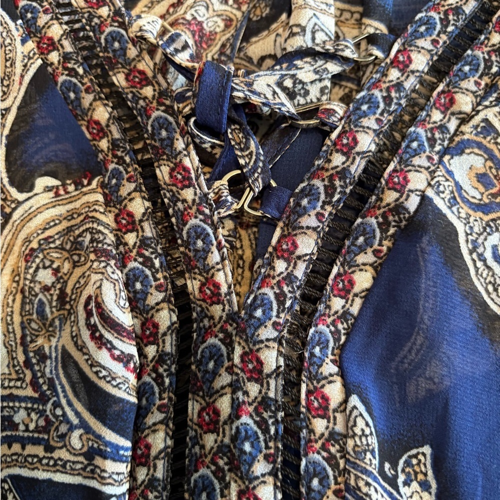 WHBM Blue‎ Paisley Elastic Waist Mini Dress 14 Floral Chiffon Lined - Picture 3 of 9